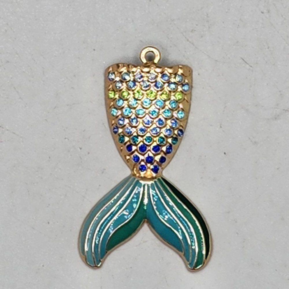 Aqua Blue Mermaid Tail Necklace Pendant Gold Tone Rhinestone
